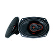 Two black oval HED Coaxial car speakers with red 