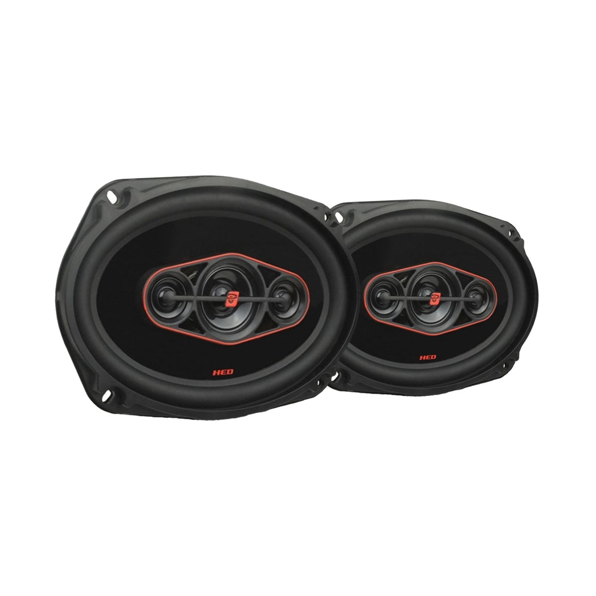 Two black oval HED Coaxial car speakers feature red accent rings, an intricate tri-cone design for enhanced sound with multiple cones, and are housed in a sleek casing with edge mounting holes.