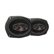 Two black oval HED Coaxial car speakers feature red accent rings, an intricate tri-cone design for enhanced sound with multiple cones, and are housed in a sleek casing with edge mounting holes.
