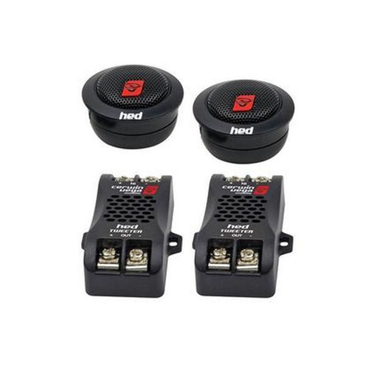 Car audio components on a white background include two round black 