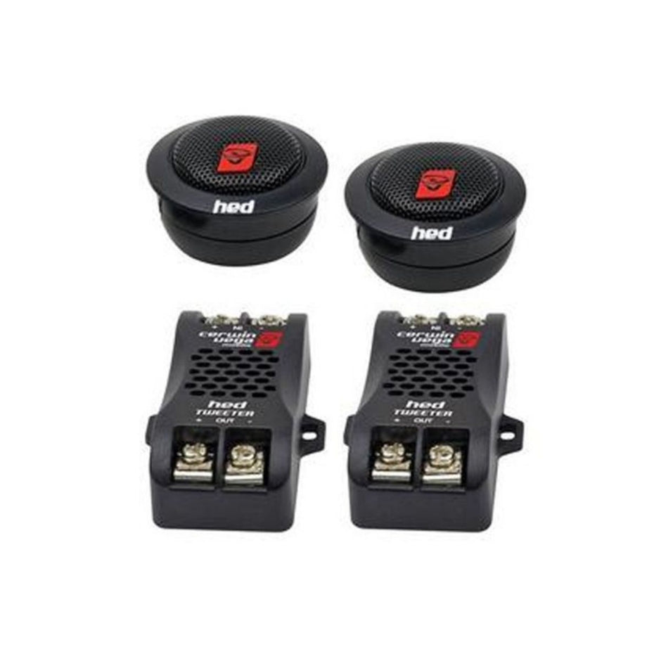 Car audio components on a white background include two round black 