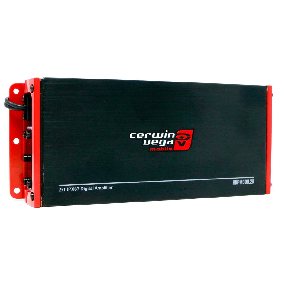 Image of a Cerwin Vega RPM HED HRPM300.2D amplifier in black with red accents, featuring a sleek rectangular design. It includes input/output ports on the left and text stating "2-Channel Marine Grade Full Range Amplifier" and "HRPM300.2D," emphasizing its marine suitability.