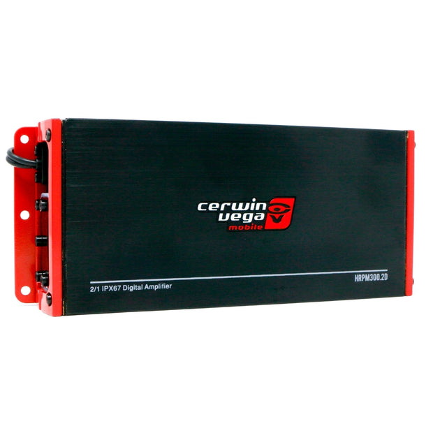 Image of a Cerwin Vega RPM HED HRPM300.2D amplifier in black with red accents, featuring a sleek rectangular design. It includes input/output ports on the left and text stating "2-Channel Marine Grade Full Range Amplifier" and "HRPM300.2D," emphasizing its marine suitability.