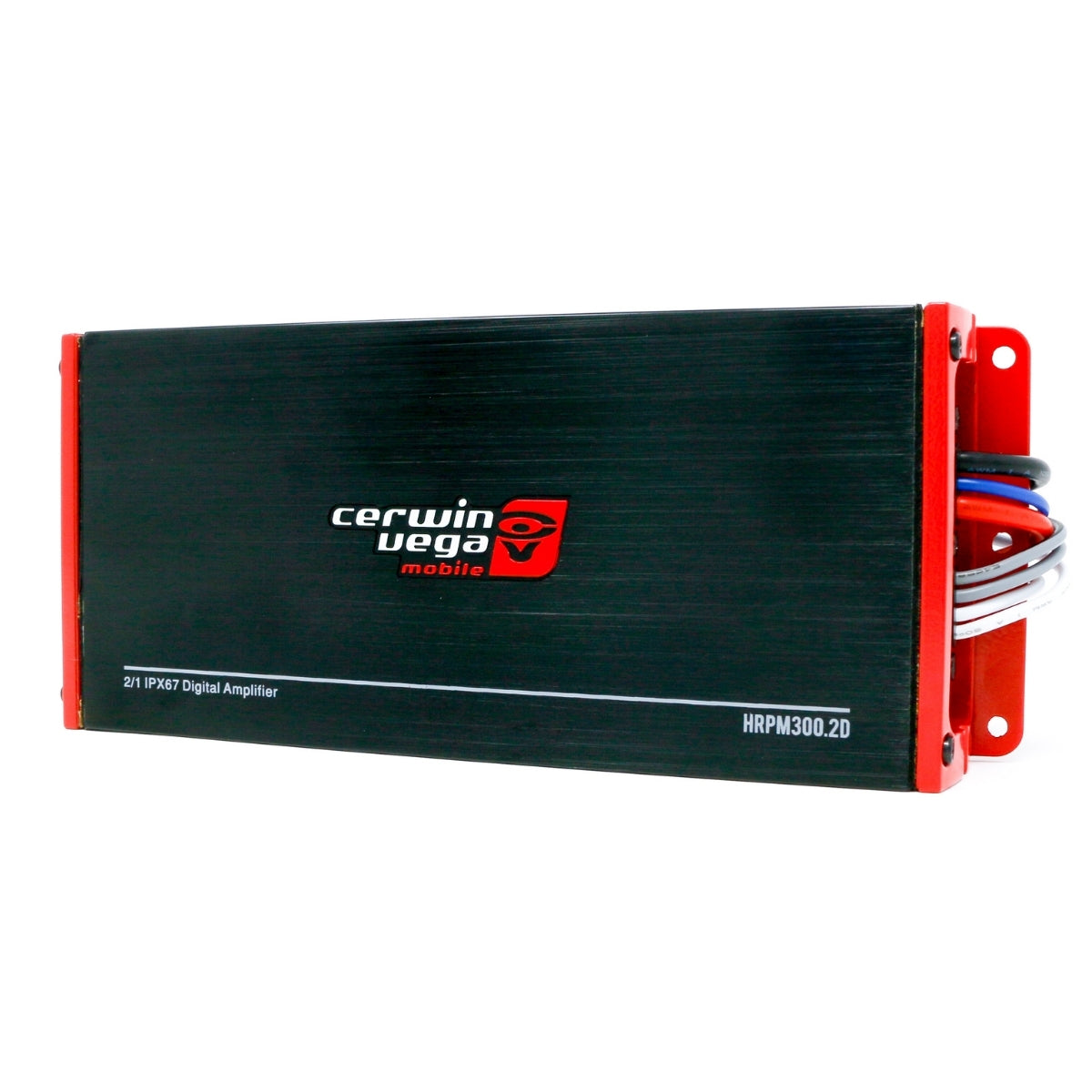 The Cerwin Vega RPM HED HRPM300.2D is a black and red rectangular marine-grade full-range amplifier with a brushed metal finish, logo, side connectors, and wires, combining style and functionality in its robust design.