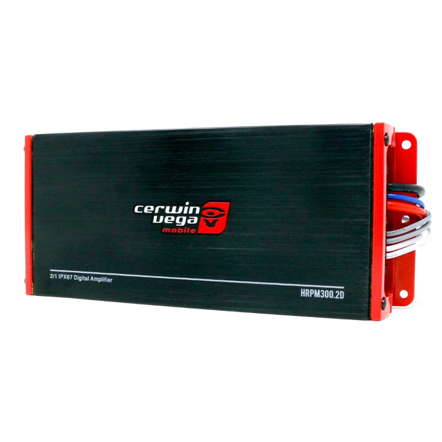 The Cerwin Vega RPM HED HRPM300.2D is a black and red rectangular marine-grade full-range amplifier with a brushed metal finish, logo, side connectors, and wires, combining style and functionality in its robust design.