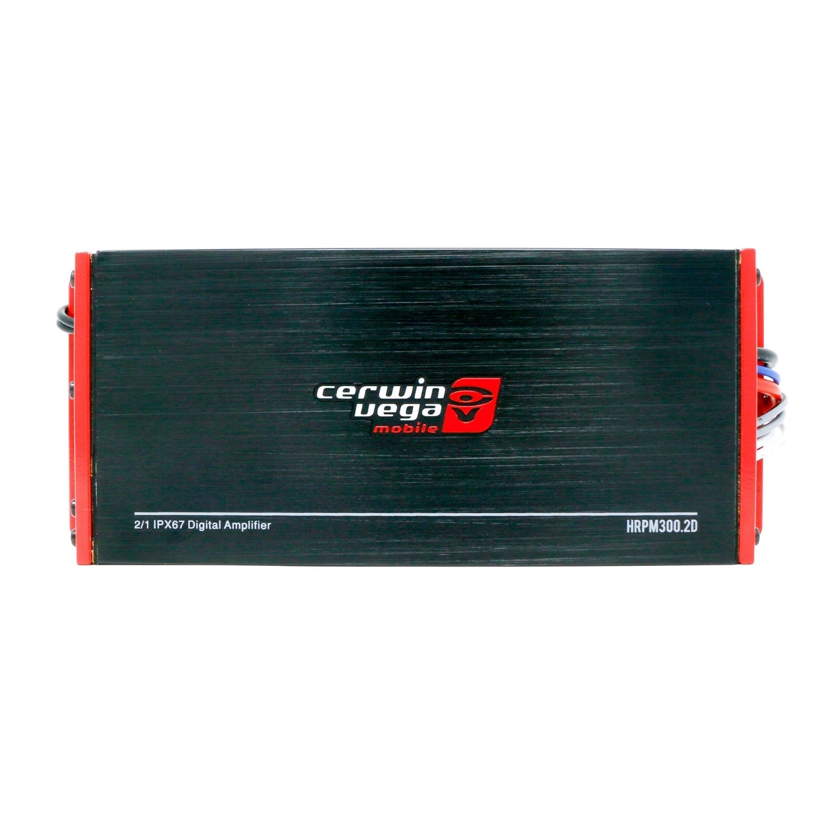 The Cerwin Vega RPM HED 2-Channel Marine Grade Full Range Amplifier (HRPM300.2D) features a sleek rectangular black design with red accents, an IPX67 waterproof rating, and the brand's logo in white and red on the front panel. It also includes multicolored wires extending from each side.