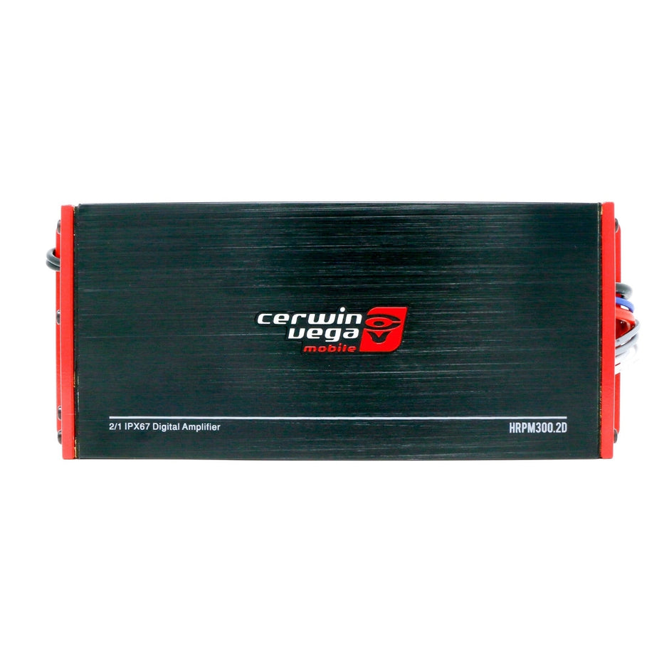 The Cerwin Vega RPM HED 2-Channel Marine Grade Full Range Amplifier (HRPM300.2D) features a sleek rectangular black design with red accents, an IPX67 waterproof rating, and the brand's logo in white and red on the front panel. It also includes multicolored wires extending from each side.