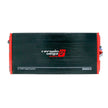 The Cerwin Vega RPM HED 2-Channel Marine Grade Full Range Amplifier (HRPM300.2D) features a sleek rectangular black design with red accents, an IPX67 waterproof rating, and the brand's logo in white and red on the front panel. It also includes multicolored wires extending from each side.