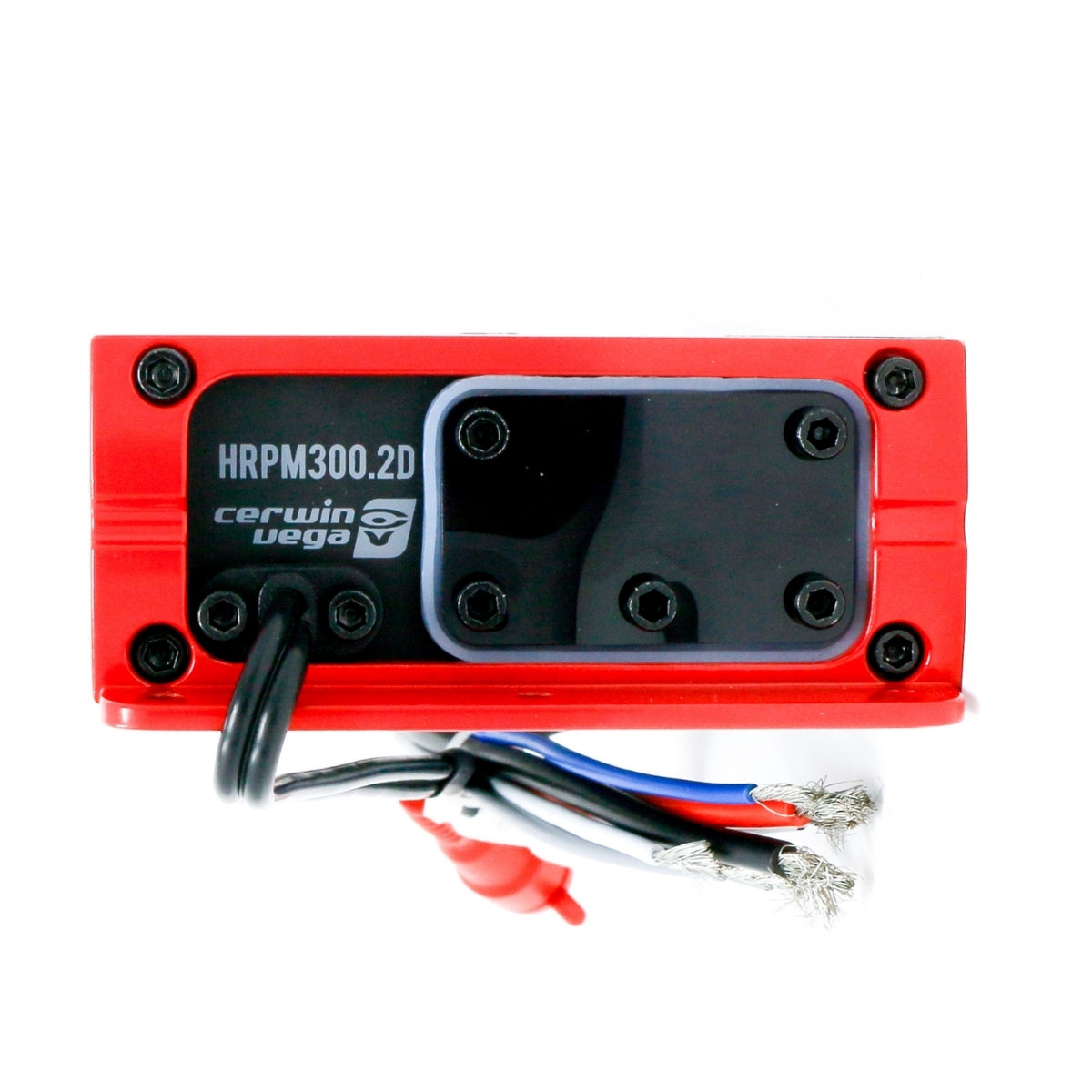 The Cerwin Vega RPM HED 2-Channel Marine Grade Full Range Amplifier (Model: HRPM300.2D) is red with a black label and features multiple screws and a bundle of black, blue, red, and white wires with exposed ends extending from the bottom. It is photographed against a white background.