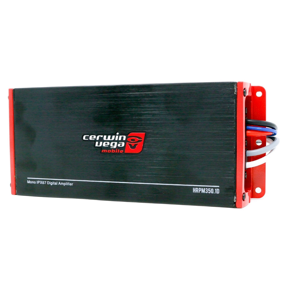 A black RPM HED Marine Cerwin Vega mobile amplifier features red sides and mounting brackets. The front displays the logo and text: 