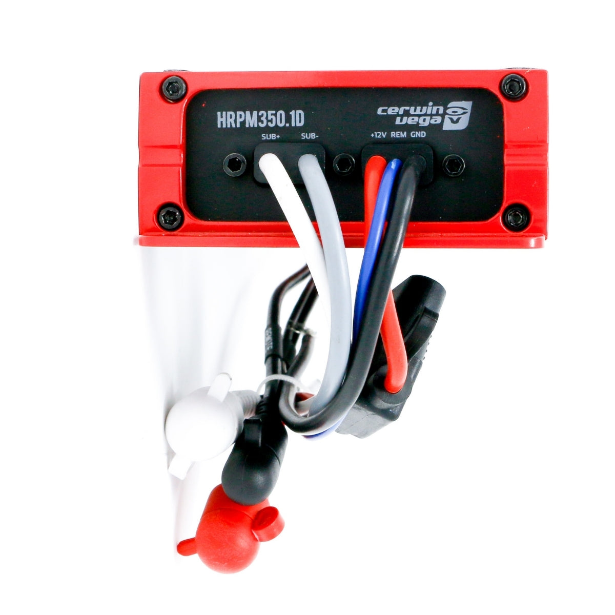 A red RPM HED Marine Amplifier by Cerwin Vega, labeled 