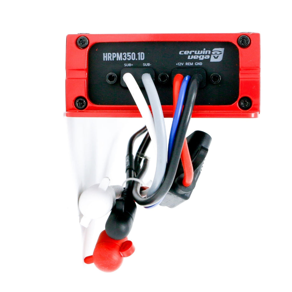 A red RPM HED Marine Amplifier by Cerwin Vega, labeled 