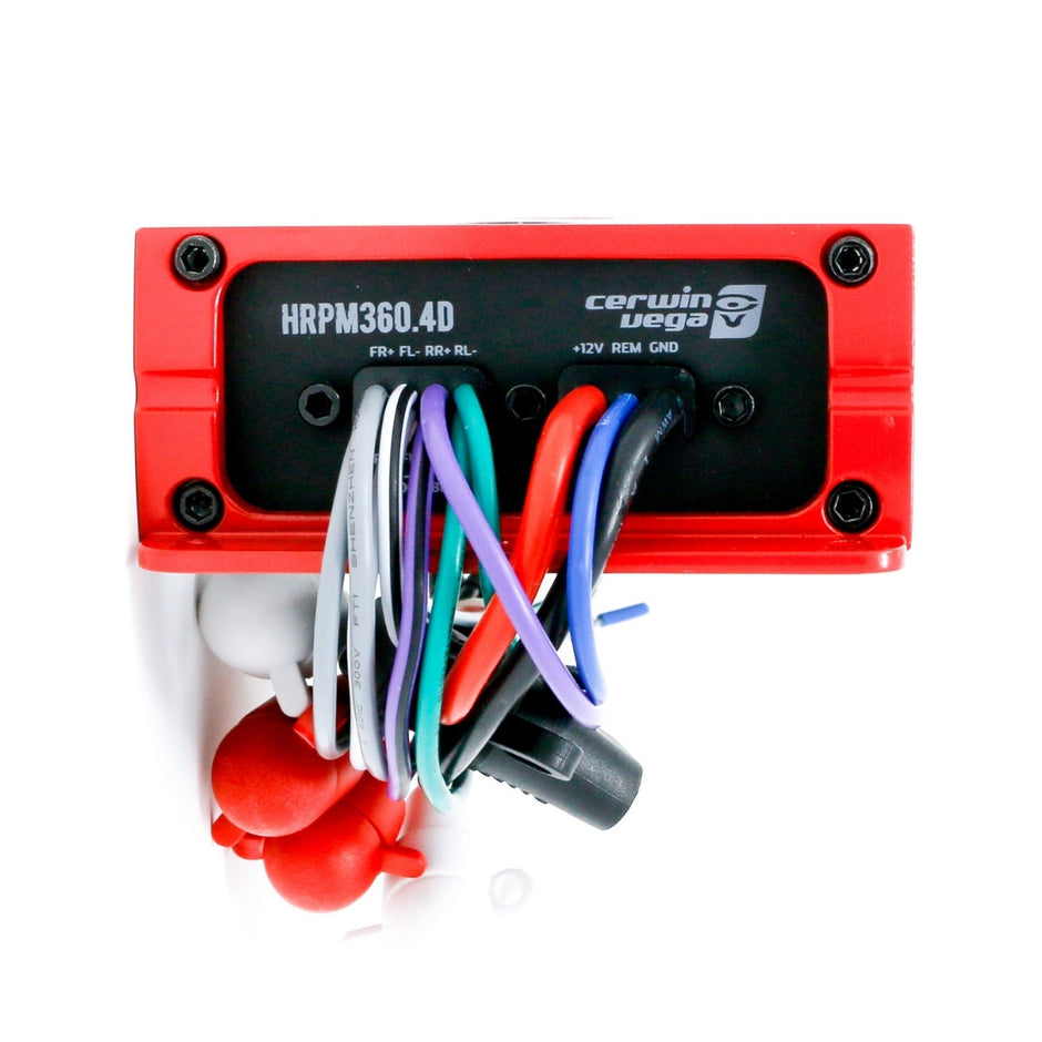 The Cerwin Vega RPM HED Marine Grade Class D 4 Channel Amplifier, model HRPM360.4D, is red and waterproof with multicolored wires labeled 