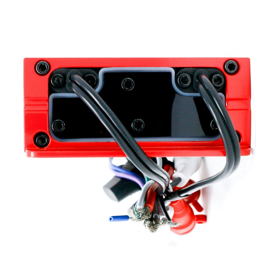 The image shows a Cerwin Vega RPM HED Marine Grade Class D 4 Channel Amplifier (HRPM360.4D) in red, with a rectangular shape. Black cables extend from one end, secured by black screws to a panel, and colored wires beneath hint at its robust outdoor audio capabilities.