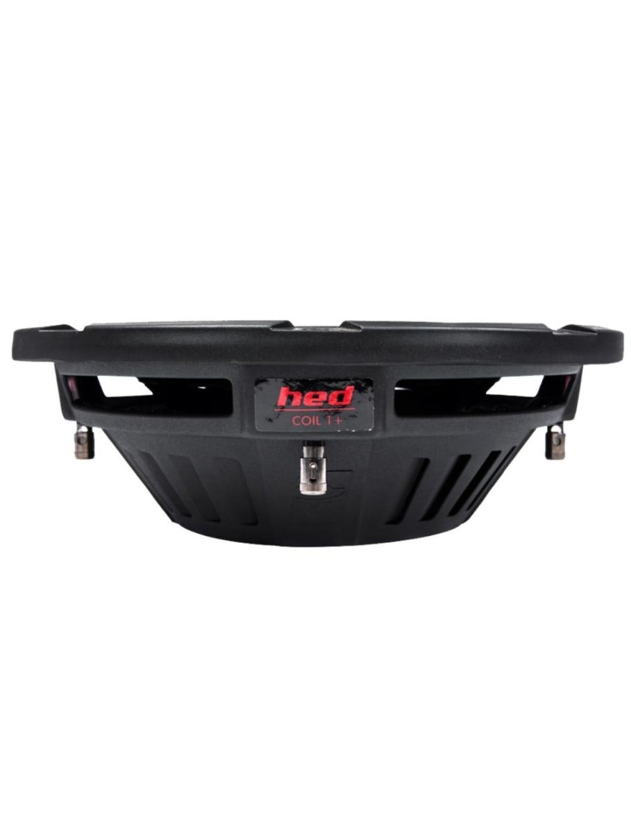 The image displays a black HED Series Subwoofer with a circular design featuring open slots around its perimeter. The 