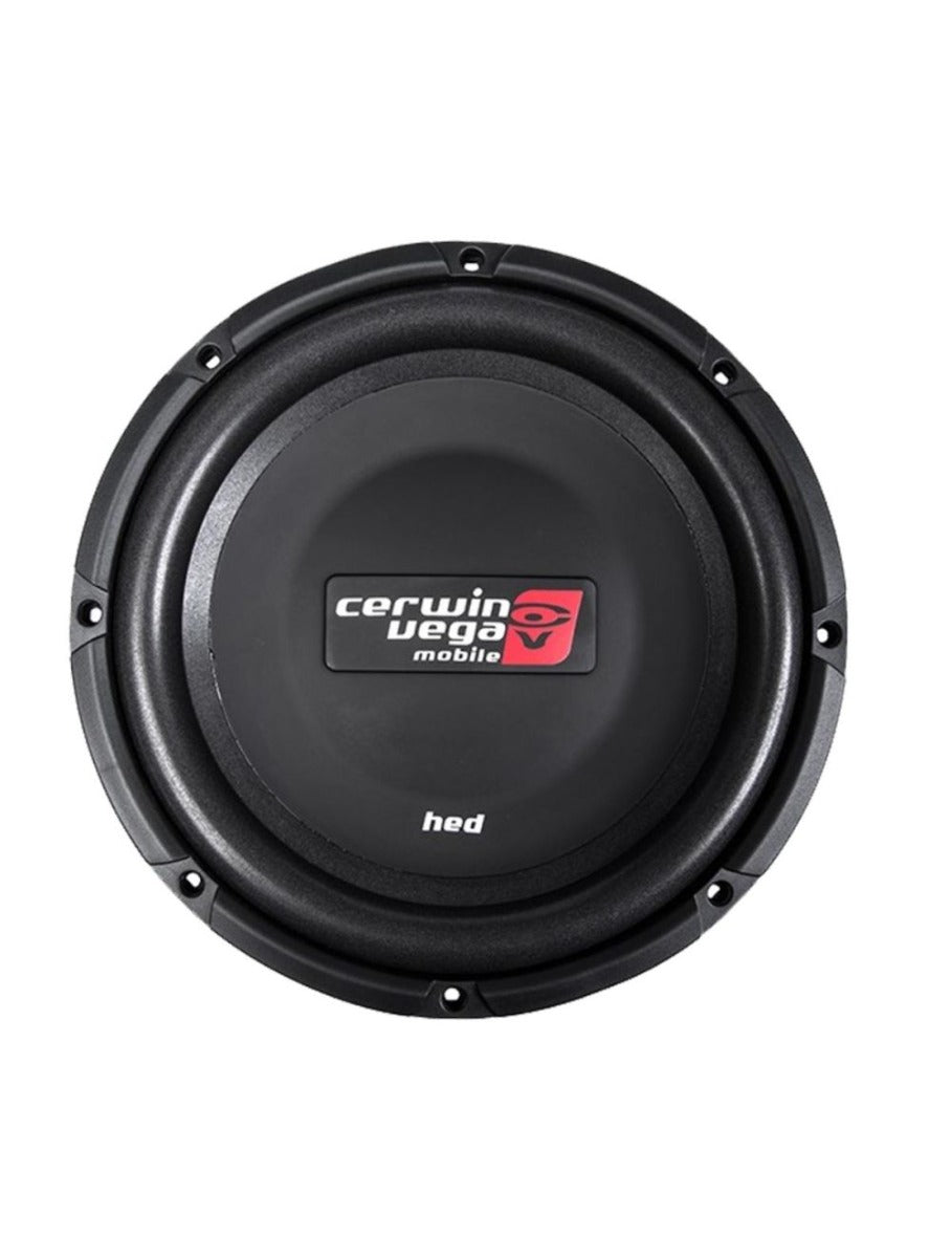 Image of a round HED Series Cerwin Vega subwoofer with a black casing and dark gray dome displaying 