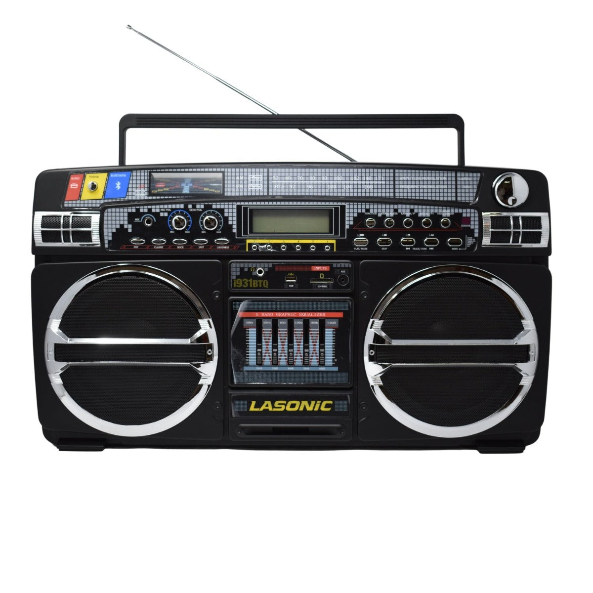 Lasonic 80s Style Ghetto Blaster I-931 in various control buttons, dials, and cassette decks. An antenna extends from the back