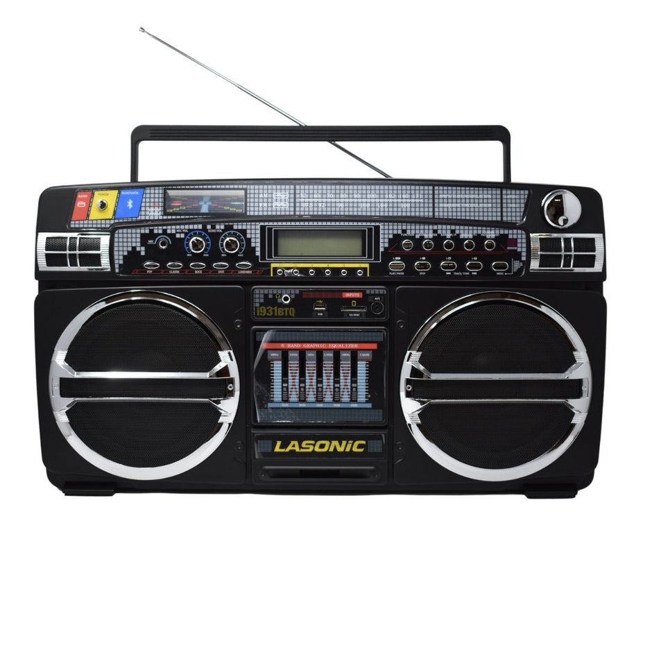 Lasonic 80s Style Ghetto Blaster I-931 in various control buttons, dials, and cassette decks. An antenna extends from the back