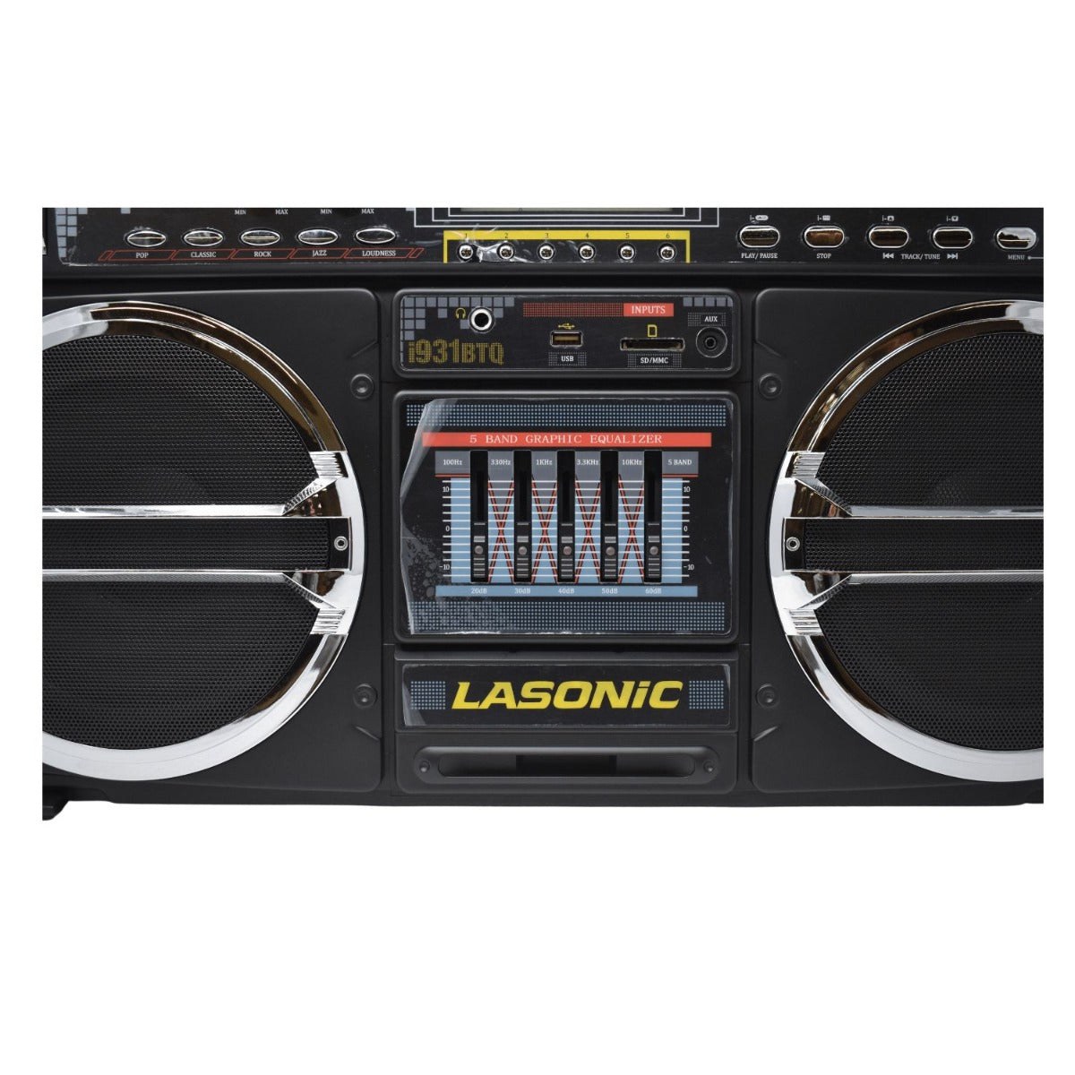 A close-up of a Lasonic Bluetooth Boombox I-931 showcasing large circular speakers on both sides