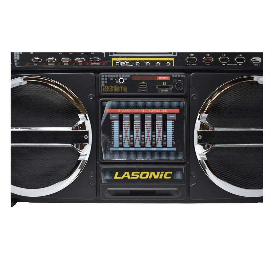 A close-up of a Lasonic Bluetooth Boombox I-931 showcasing large circular speakers on both sides