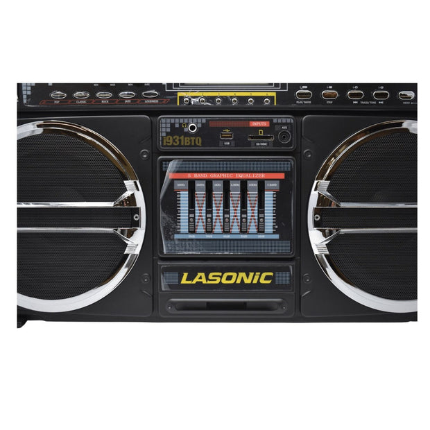 A close-up of a Lasonic Bluetooth Boombox I-931 showcasing large circular speakers on both sides