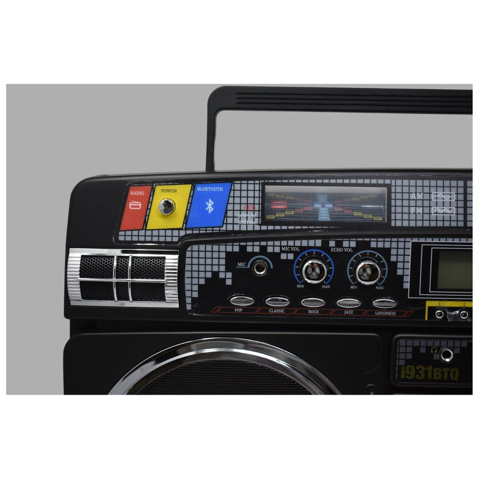 80s Style boombox. The control panel features various buttons, including radio, power, and Bluetooth