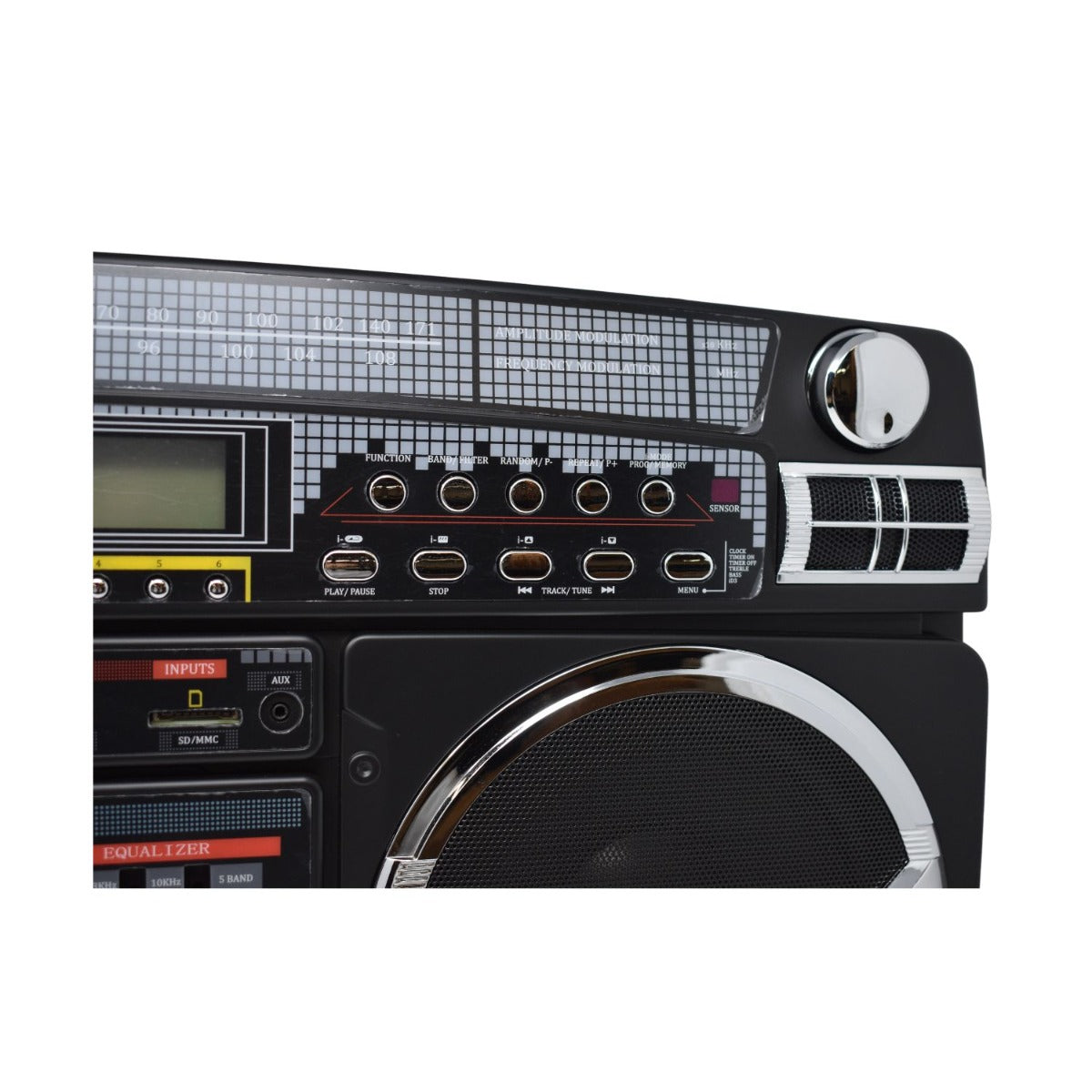 Close-up of a retro-style boombox showing various buttons and knobs for controls, a display screen, speaker, and inputs for SD/MMC and USB. 
