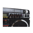 Close-up of a retro-style boombox showing various buttons and knobs for controls, a display screen, speaker, and inputs for SD/MMC and USB. 