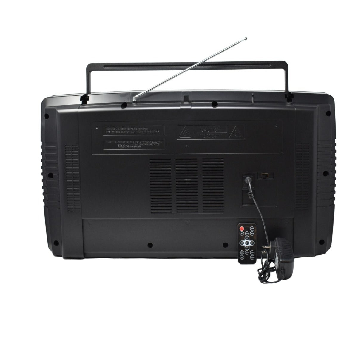 Back view of a black portable boombox with an extended antenna and a carrying handle.