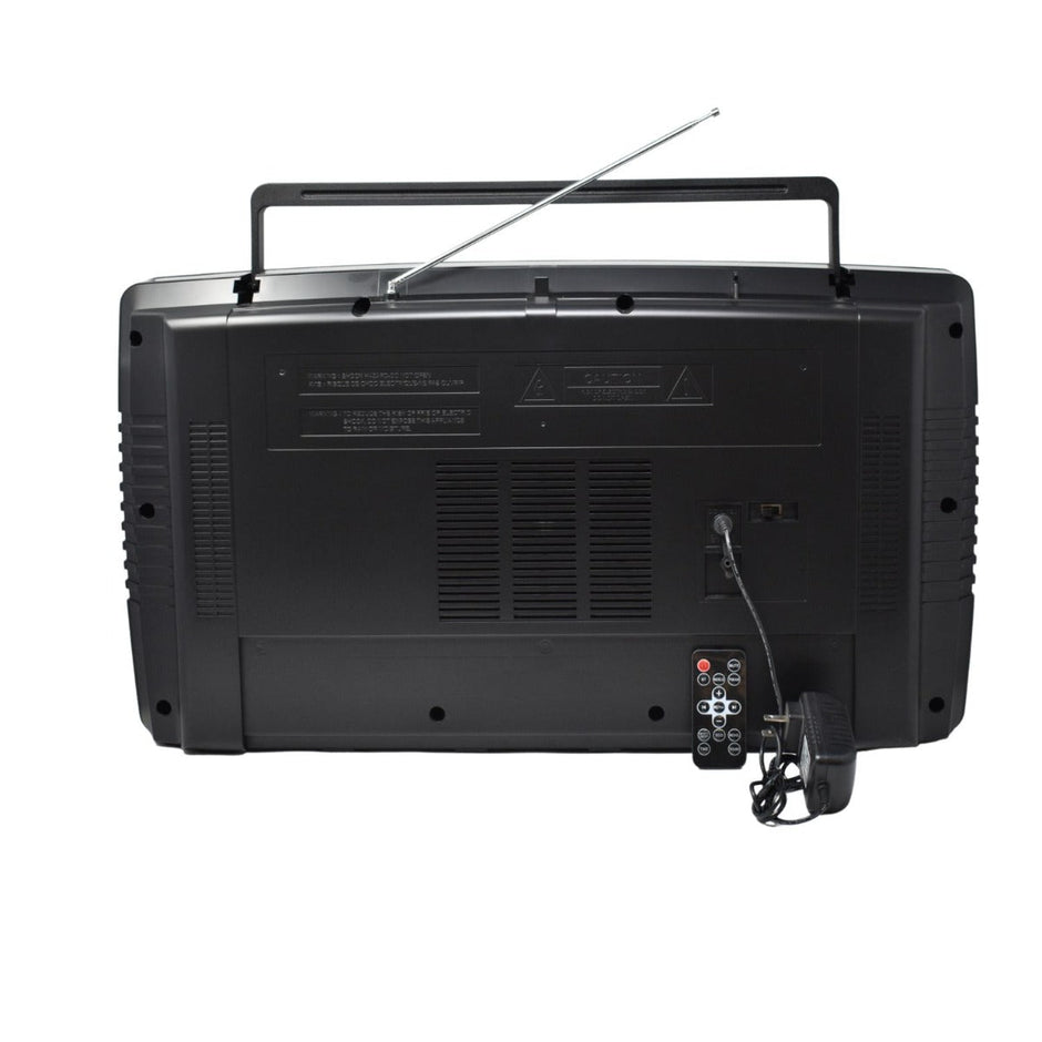 Back view of a black portable boombox with an extended antenna and a carrying handle.