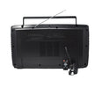 Back view of a black portable boombox with an extended antenna and a carrying handle.