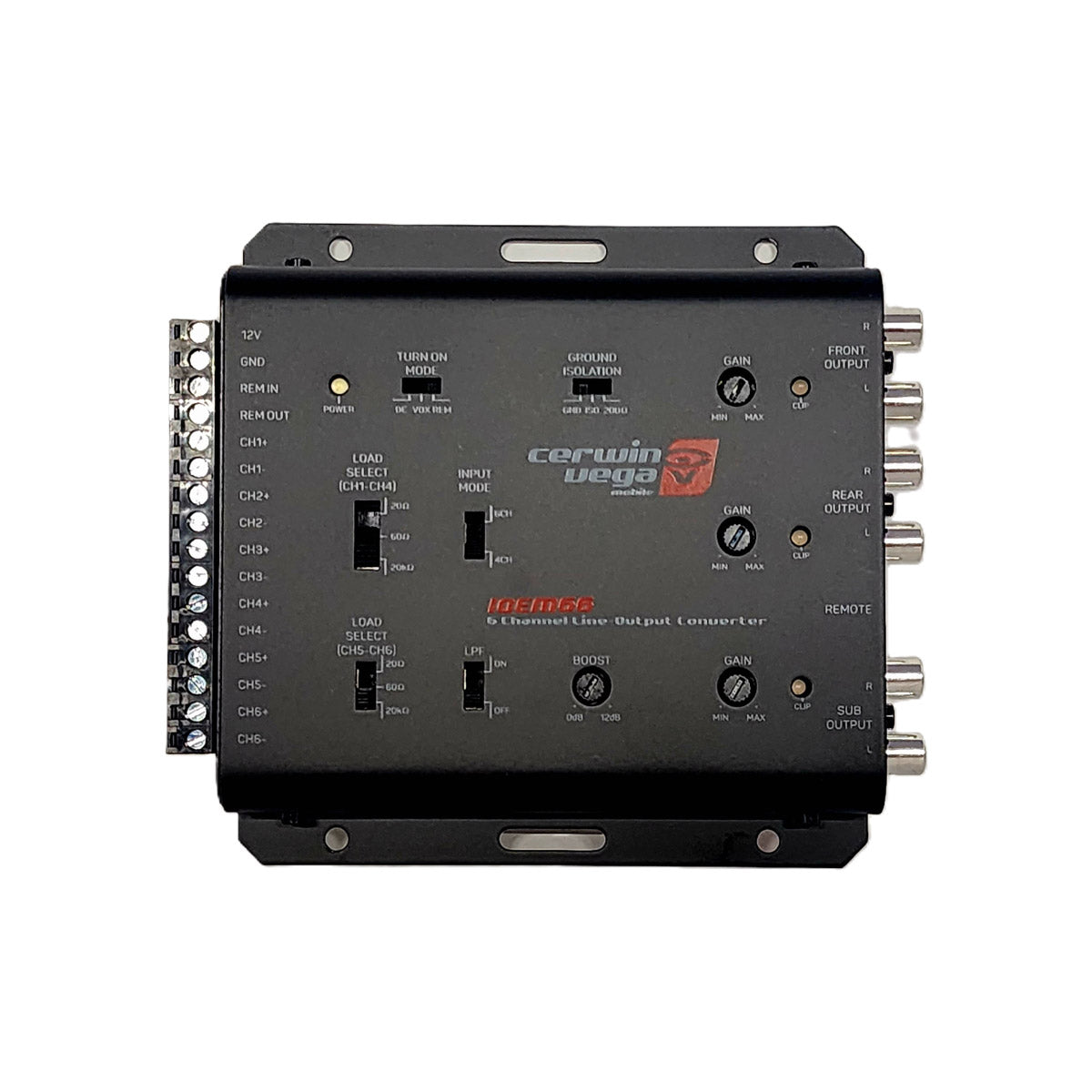 The Black Cerwin Vega IOEM66 line output converter elevates your car audio system with adjustment knobs, switches, and input/output ports. The front features the brand logo and 