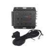 The IOEM66 black electronic device, a likely line output converter, is mounted on a metal plate with switches and input jacks. It includes a black cable and small rectangular component with knobs and connectors for aftermarket amplifiers or car audio systems.