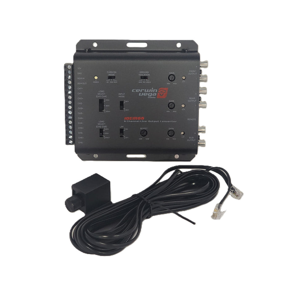 The IOEM66 black electronic device, a likely line output converter, is mounted on a metal plate with switches and input jacks. It includes a black cable and small rectangular component with knobs and connectors for aftermarket amplifiers or car audio systems.