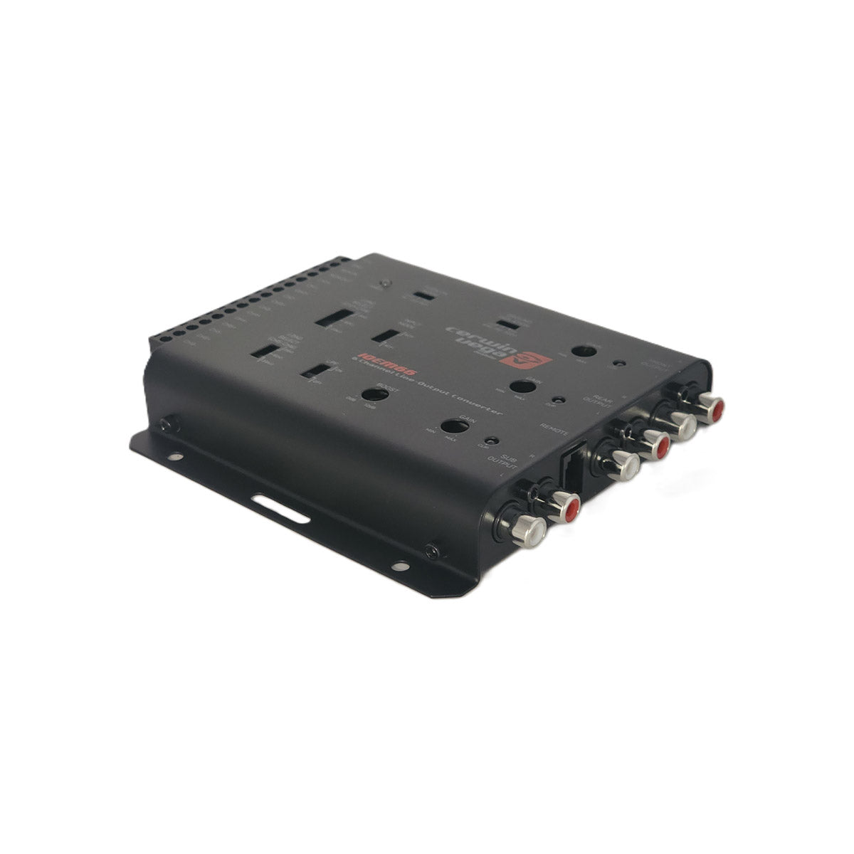 The IOEM66 - 6 IN / 6 OUT Line Output Converter, a black electronic device perfect for car audio systems, features RCA connectors and ports. Displayed on a white background, its top surface is labeled in white, red, and gray. The rectangular unit has an angled front panel and mounting holes.