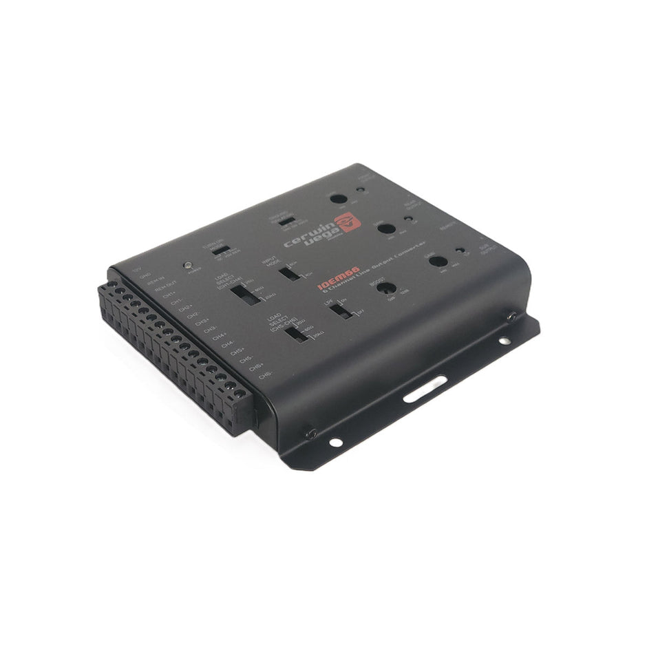 The IOEM66 is a black electronic control module for car audio systems and aftermarket amplifiers. It features multiple slots, connectors labeled 