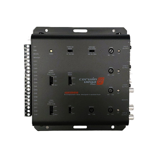The IOEM88 - 8 IN / 8 OUT Line Output Converter, ideal for car audio systems, features a sleek black design. It includes knobs and switches for precise tuning and gain control, plus labeled ports on the side for easy integration with aftermarket amplifiers.