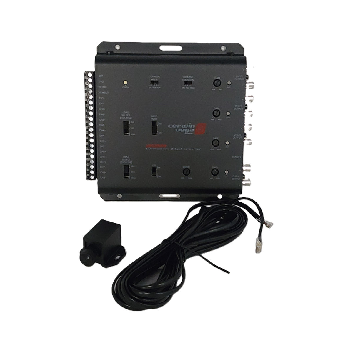 A black control unit labeled 