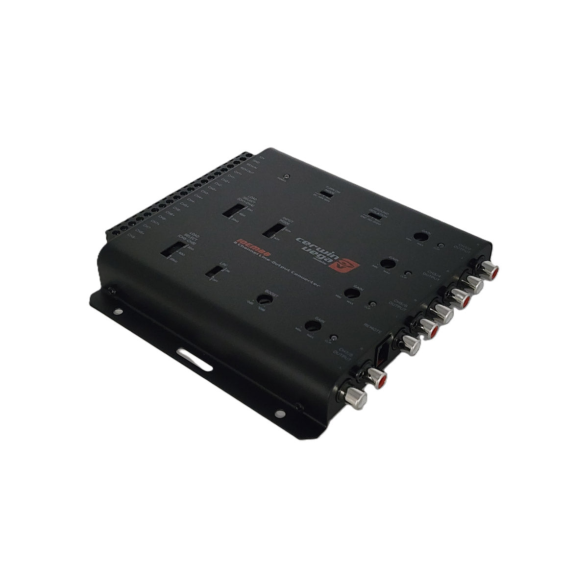 The image features the IOEM88, an advanced black car line output converter with multiple side ports designed for easy aftermarket amplifier integration. Its branded top and angled adjustment knobs highlight various control options.