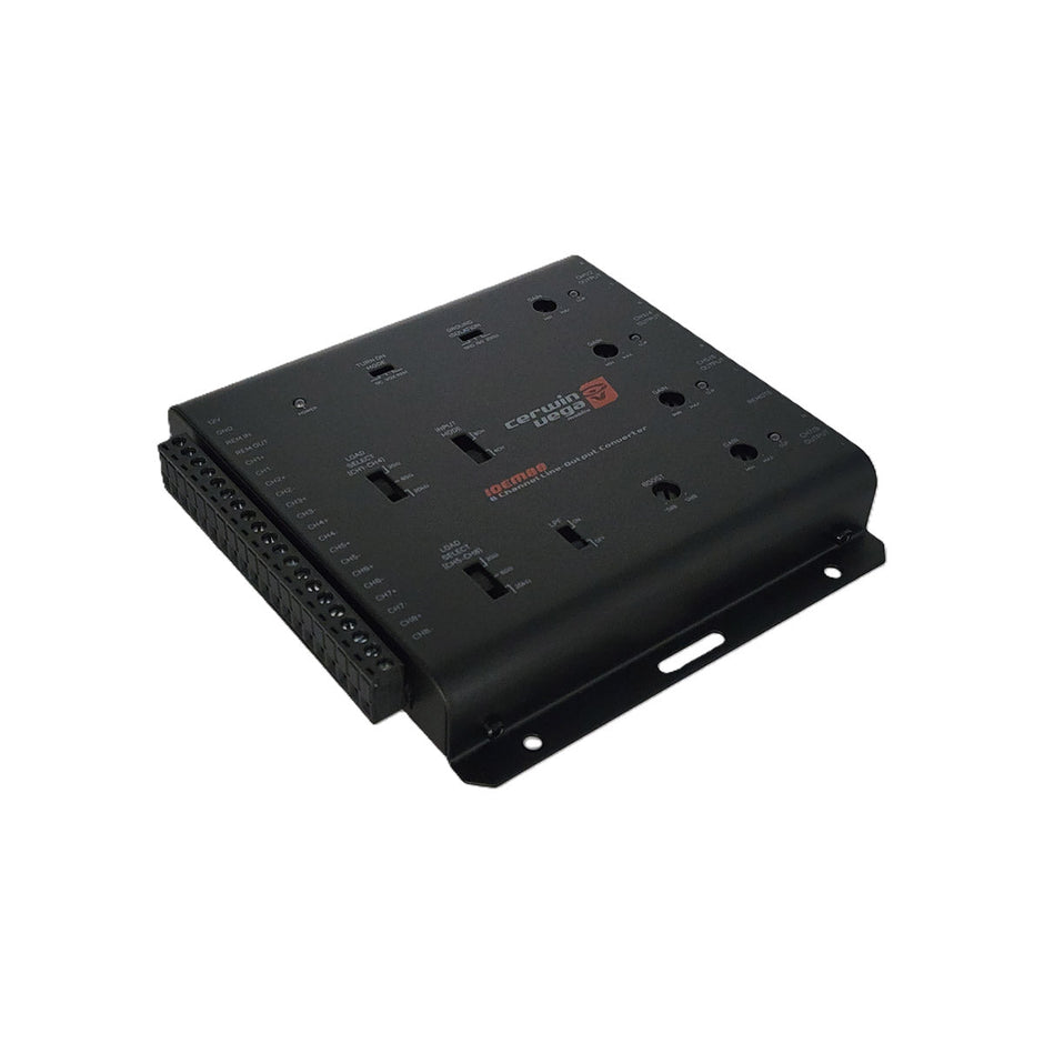 Angled view of the IOEM88, a black metal access control panel featuring multiple ports and connectors with red and white printed labels. Its sleek, compact design includes terminal connectors, ideal for integrating with car audio systems or aftermarket amplifiers.
