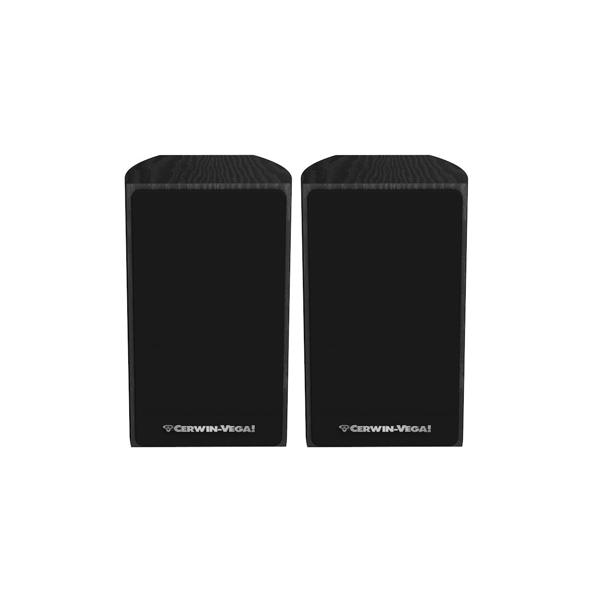 Two black LA Series Home Audio Speakers by Cerwin-Vega are side by side against a white background. Each has a rectangular shape, smooth front panel, and the white Cerwin-Vega logo near the bottom, with a minimalist design featuring dark grille covers.