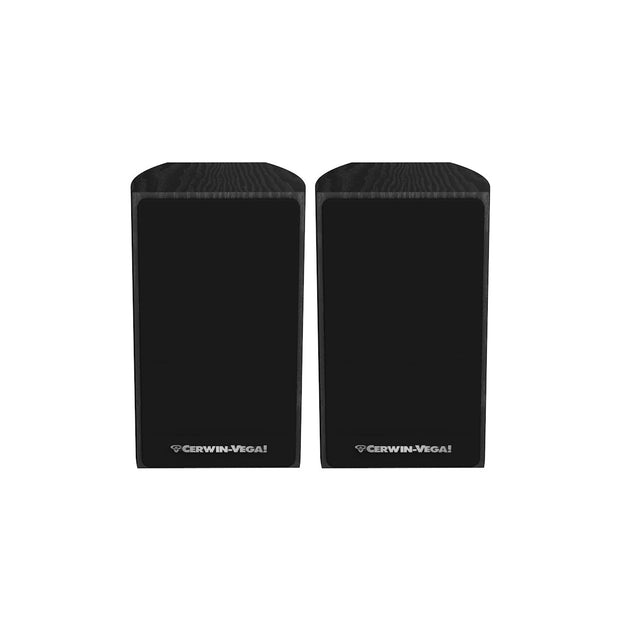 Two black LA Series Home Audio Speakers by Cerwin-Vega are side by side against a white background. Each has a rectangular shape, smooth front panel, and the white Cerwin-Vega logo near the bottom, with a minimalist design featuring dark grille covers.