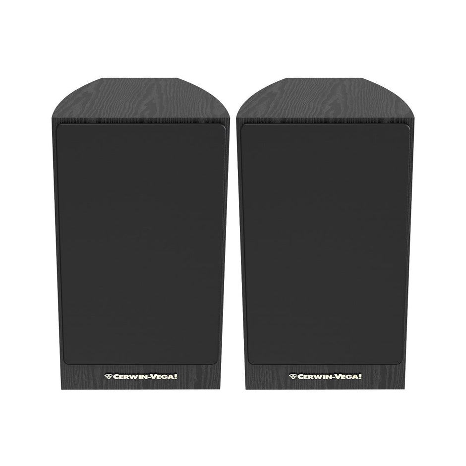 The 6.5” 2-Way Bookshelf Speakers (Pair) - LA165 offer premium audio with a sleek rectangular design and black finish. The visible Cerwin-Vega! branding on the front panels and wood grain texture on top enhance their style, embodying a modern, minimalist home hi-fi aesthetic.