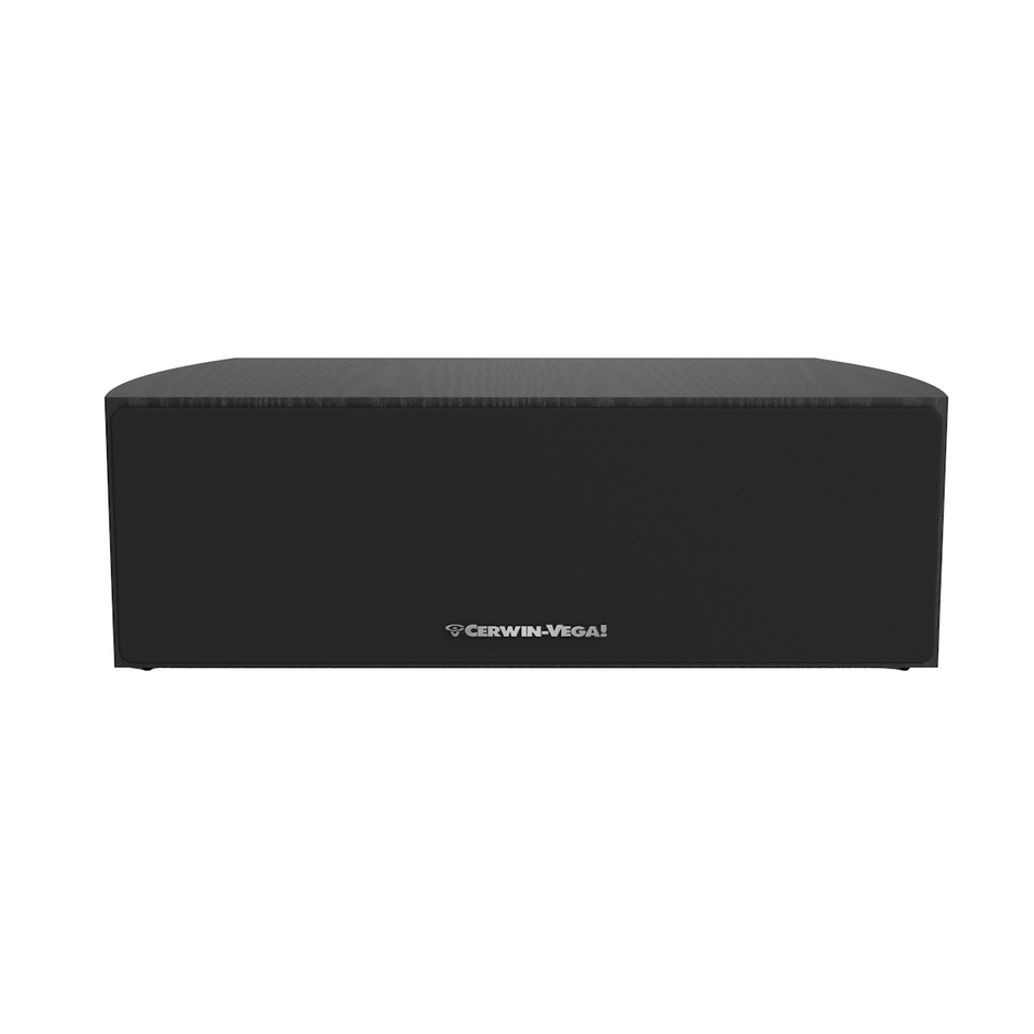 A sleek black rectangular speaker, the Cerwin-Vega 4” 2-WAY CENTER CHANNEL SPEAKER - LA24, features a white logo on the grille. It has a minimalist design with a smooth fabric surface and rounded edges for premium sound, set against a plain white background.