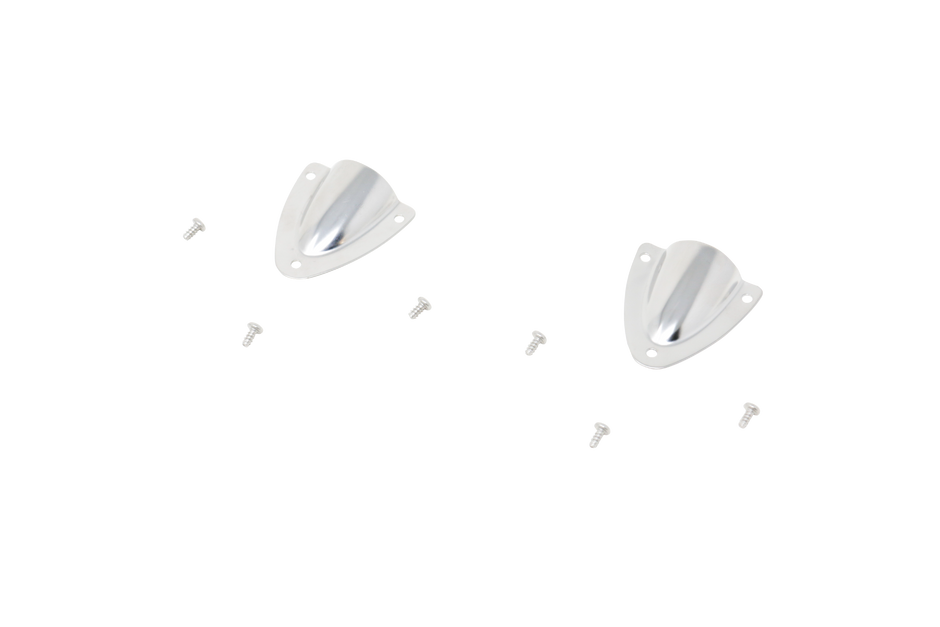 Two teardrop-shaped, silver guitar strap buttons with attachment holes lie on a black surface. Accompanied by four small screws, they fit perfectly for upgrades like the 2014-2023 Harley Davidson® Cut In Lid Kit with SM69F4 (4Ω) from Cerwin Vega Inc.