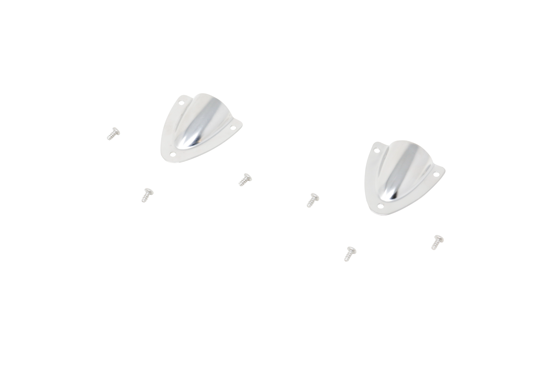 The Harley Davidson Cut In Lid Kit with ST69CX, designed by Cerwin Vega Inc., features two metallic guards in a shield-like design reminiscent of Harley Davidson styling. Each has three screw holes and is mounted using six small screws, combining robust elegance with functionality.