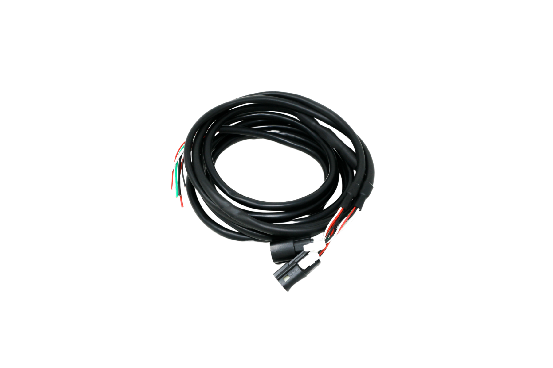 The Cerwin Vega Inc. 2014-2023 Harley Davidson® Cut In Lid Kit with ST69CX (4Ω) - RPMST694LK is a coiled black cable, featuring connectors on both ends and exposed colored strands: green, white, red, and black. It's designed for Harley Davidson accessories and shown efficiently looped on a white background.