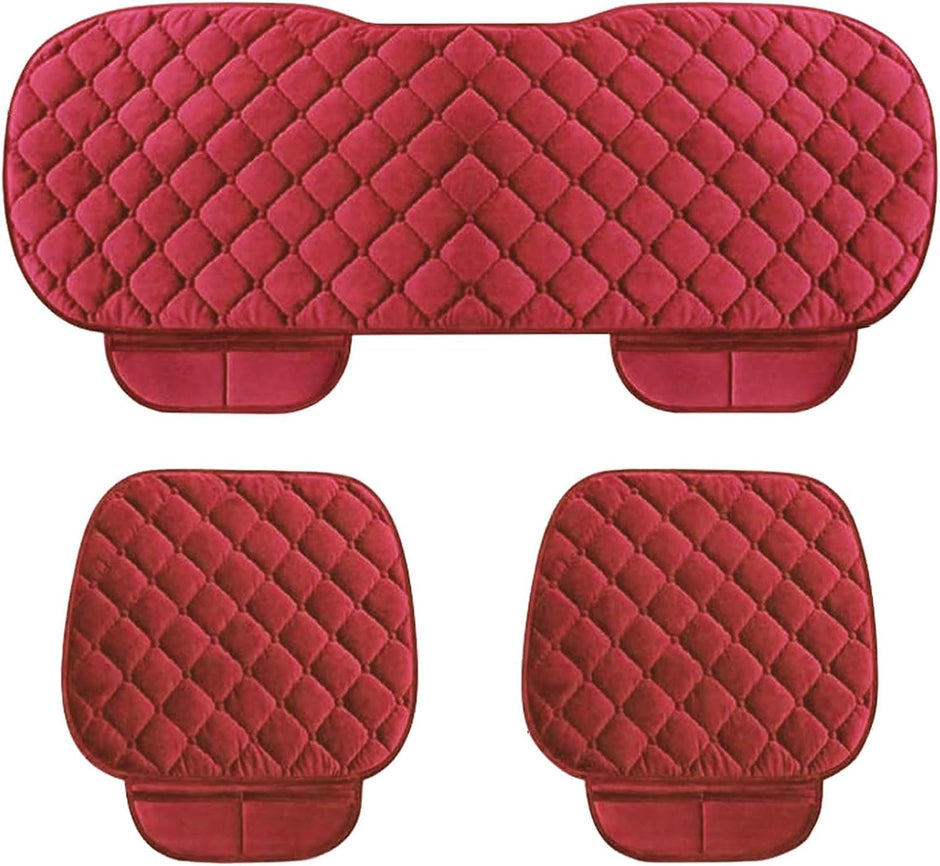 Car Seat Cover Protector – Anti-Slip Breathable Rear Bench Seat Cushion Pad with Storage Pockets, Long Bottom Seat Cover for Most Cars, SUVs & Trucks (Red, 3 pcs.)