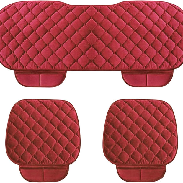 Car Seat Cover Protector – Anti-Slip Breathable Rear Bench Seat Cushion Pad with Storage Pockets, Long Bottom Seat Cover for Most Cars, SUVs & Trucks (Red, 3 pcs.)