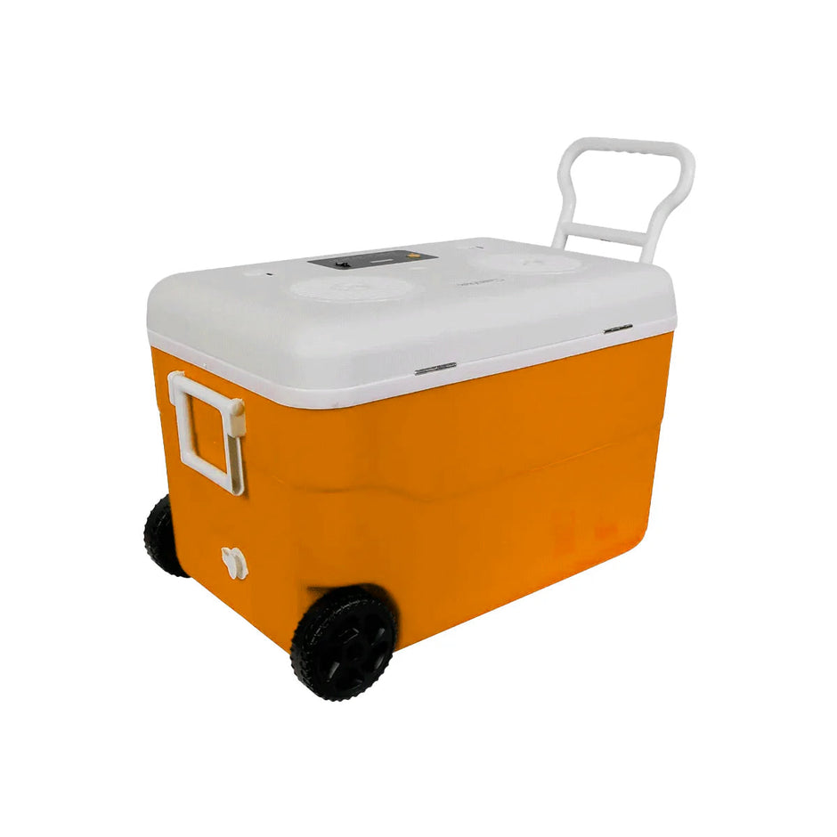 The CVC65OR is a 55QT orange cooler with a white lid featuring a recessed area, pulling handle, two black wheels, drainage spout, built-in white handle for lifting, and modern convenience with 6.5